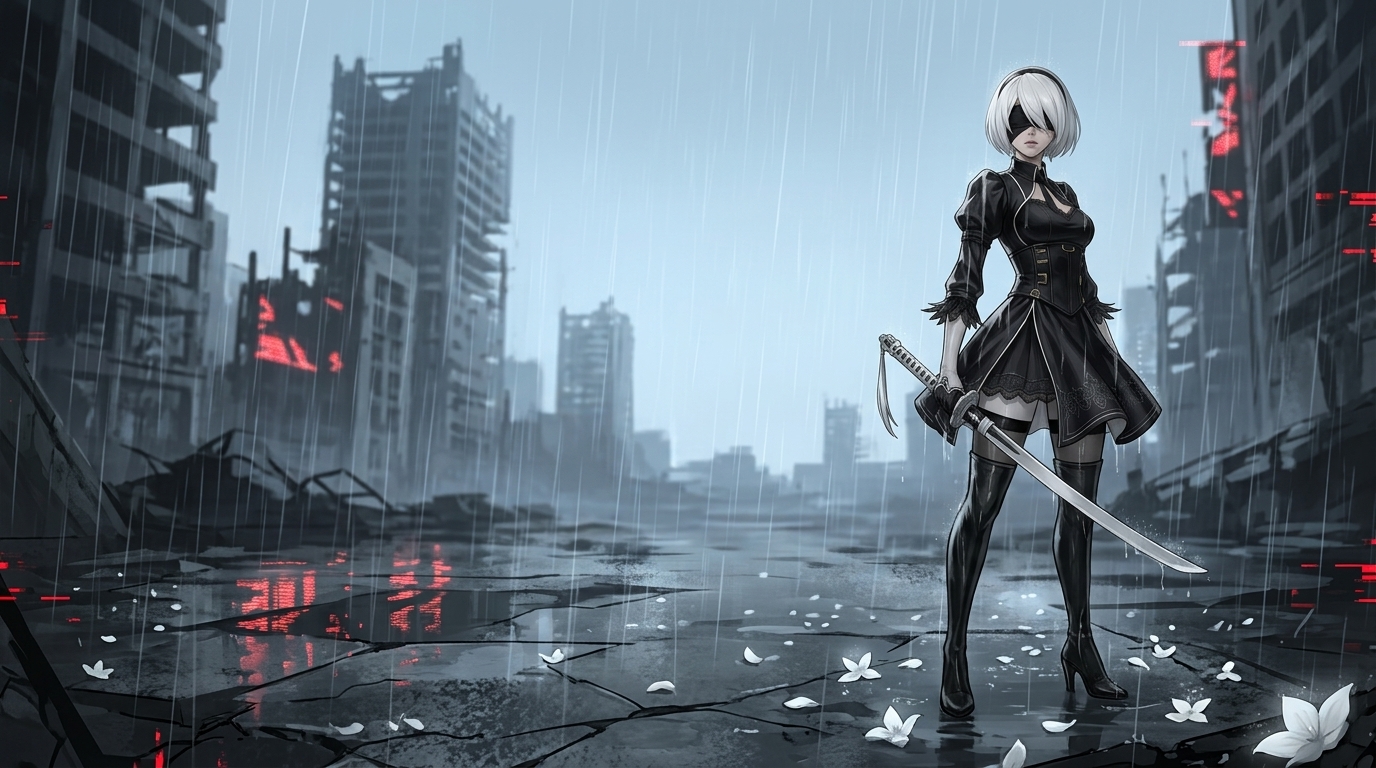 Rain-soaked ruined city CG