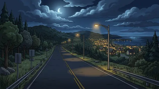 Night highway outside Quahog — title background