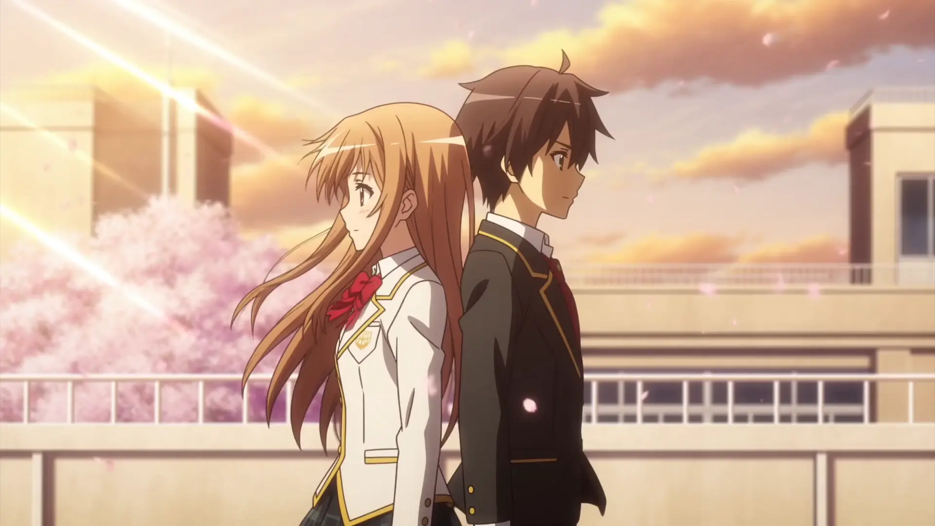 Le Meilleur Générateur d'Openings d'Anime par IA — Rooftop Promise : Aoi et Ren dos à dos au coucher du soleil