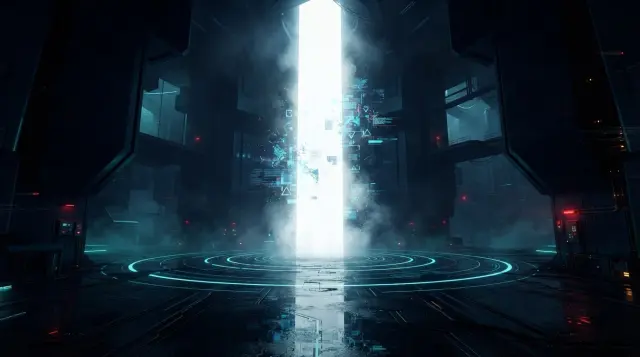 La cámara negra del núcleo de IA de NEXUS — arte de escenario de Cyberpunk Heist