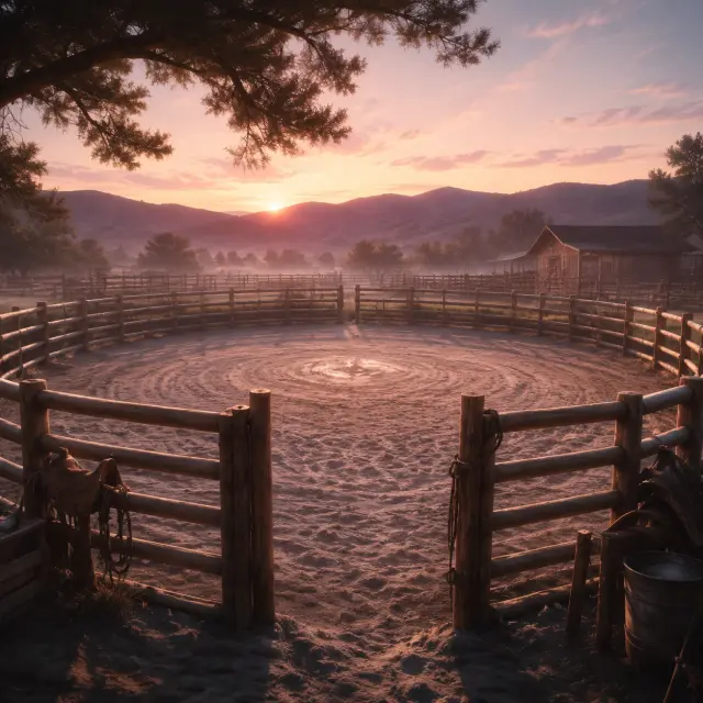 Fondo de escena — el corral circular al amanecer
