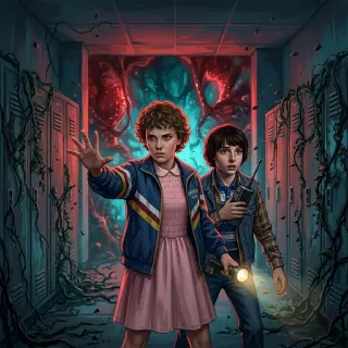 Una grieta brillante en un pasillo escolar — arte de escena de Stranger Things Hawkins