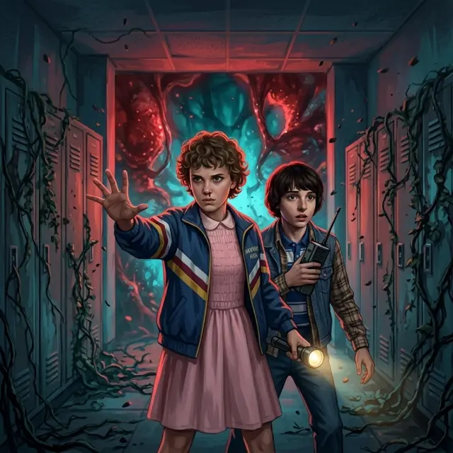 학교 복도에 빛나는 균열 — Stranger Things 호킨스의 장면 아트