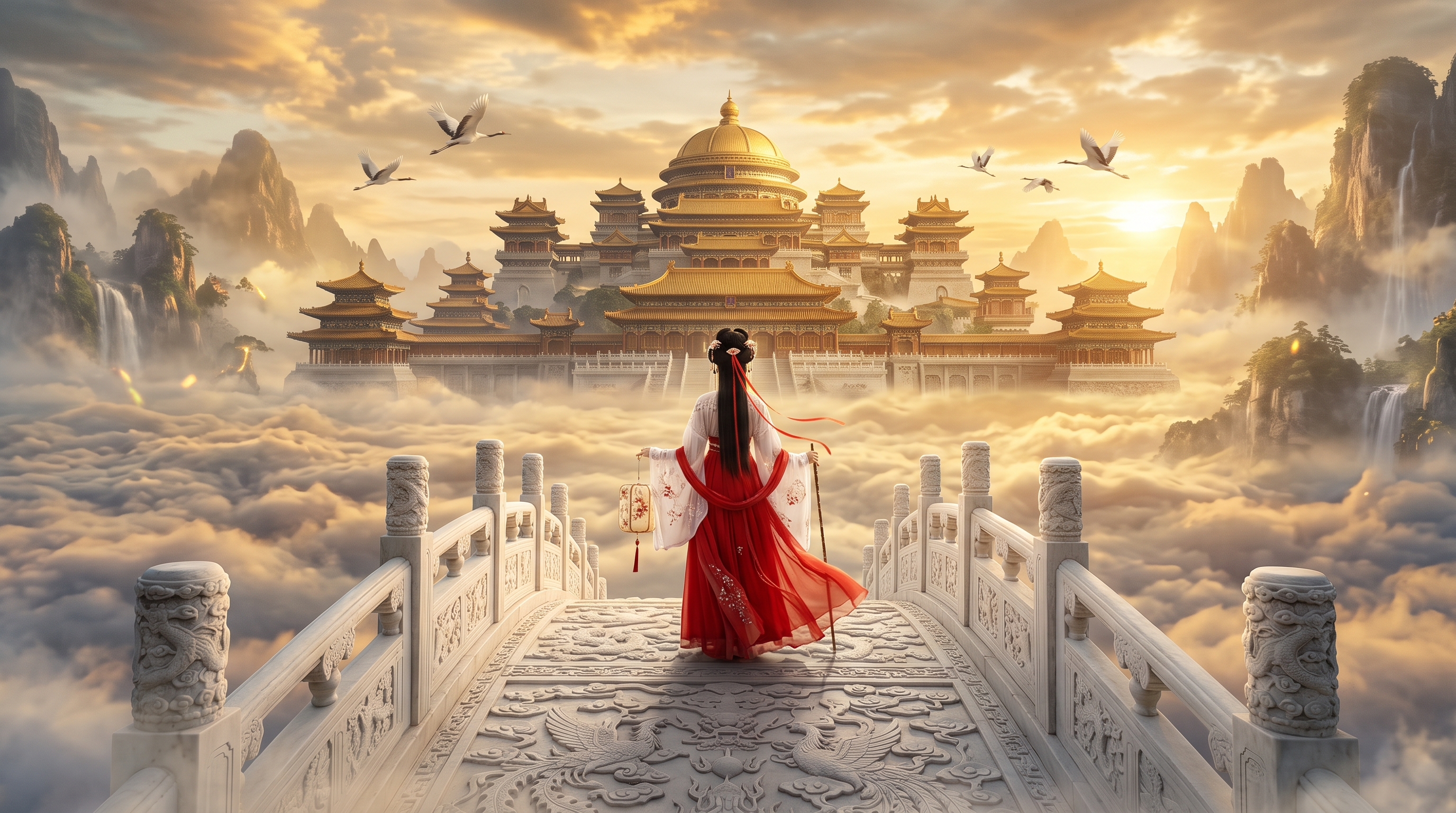 Gemini-generated first frame — red hanfu woman on stone bridge