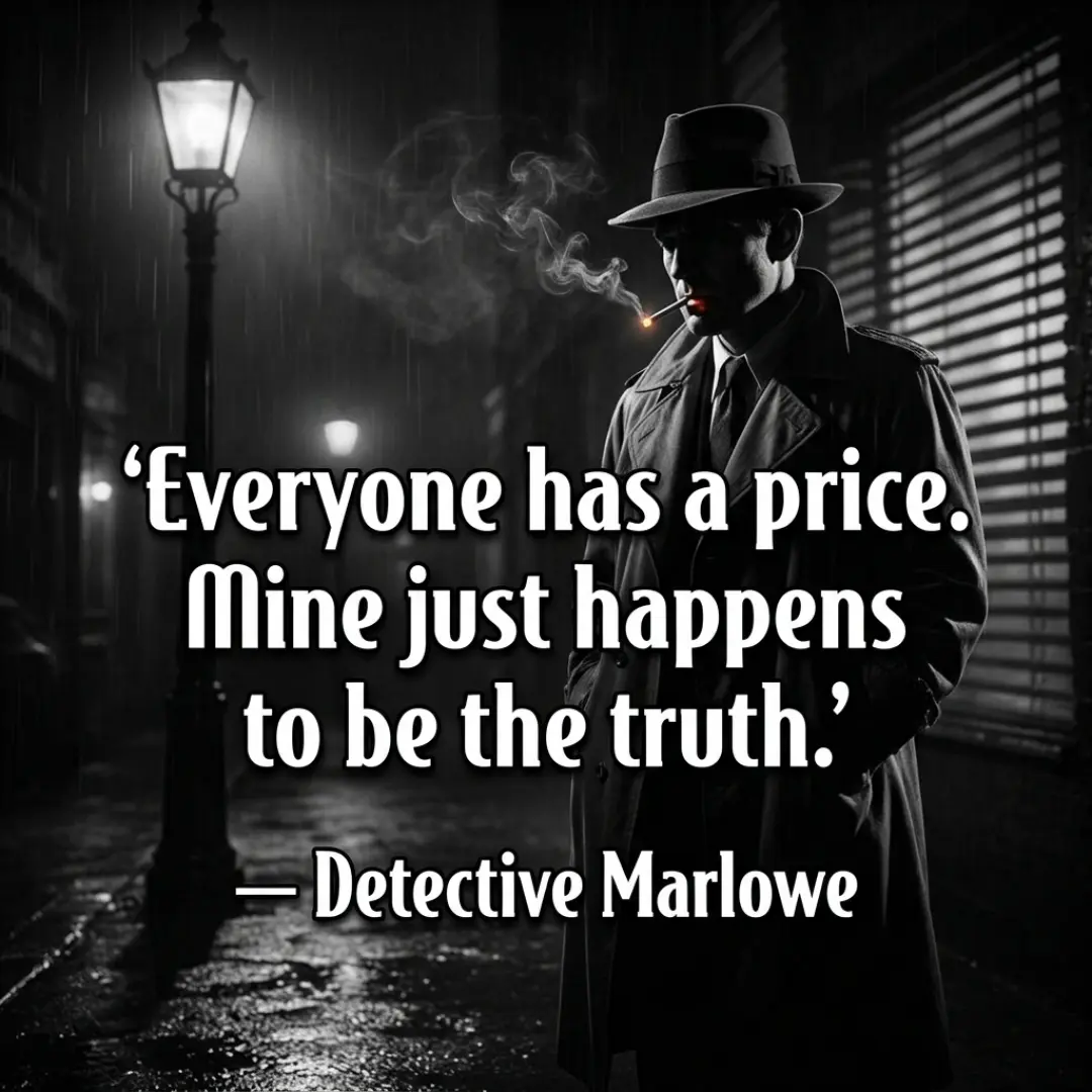 Generador de tarjetas de introducción de personajes con IA — Character Quote Card: Noir Detective, tarjeta de frase contundente de novela negra