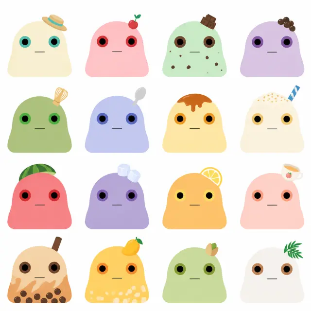 Milk frog avatars — Drinks & Desserts set, 16 avatars from one 4×4 generation sheet