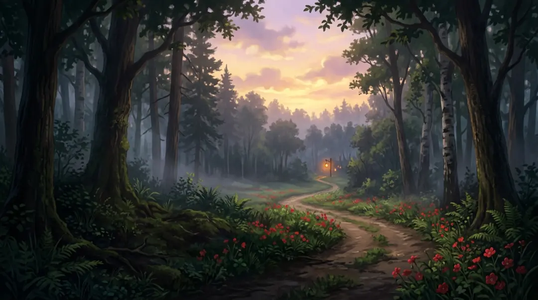 AI anime portrait art — border forest at dusk, Snow White with the Red Hair