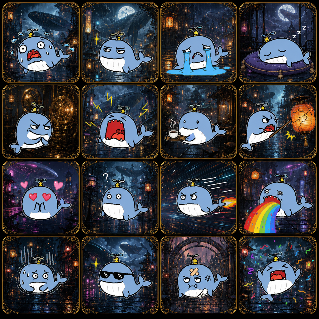 Example — tiny angry sky-whale mascot sticker pack