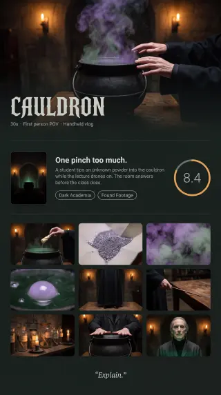 Reference frame — vertical “CAULDRON” title page mapping the series arc (9:16)