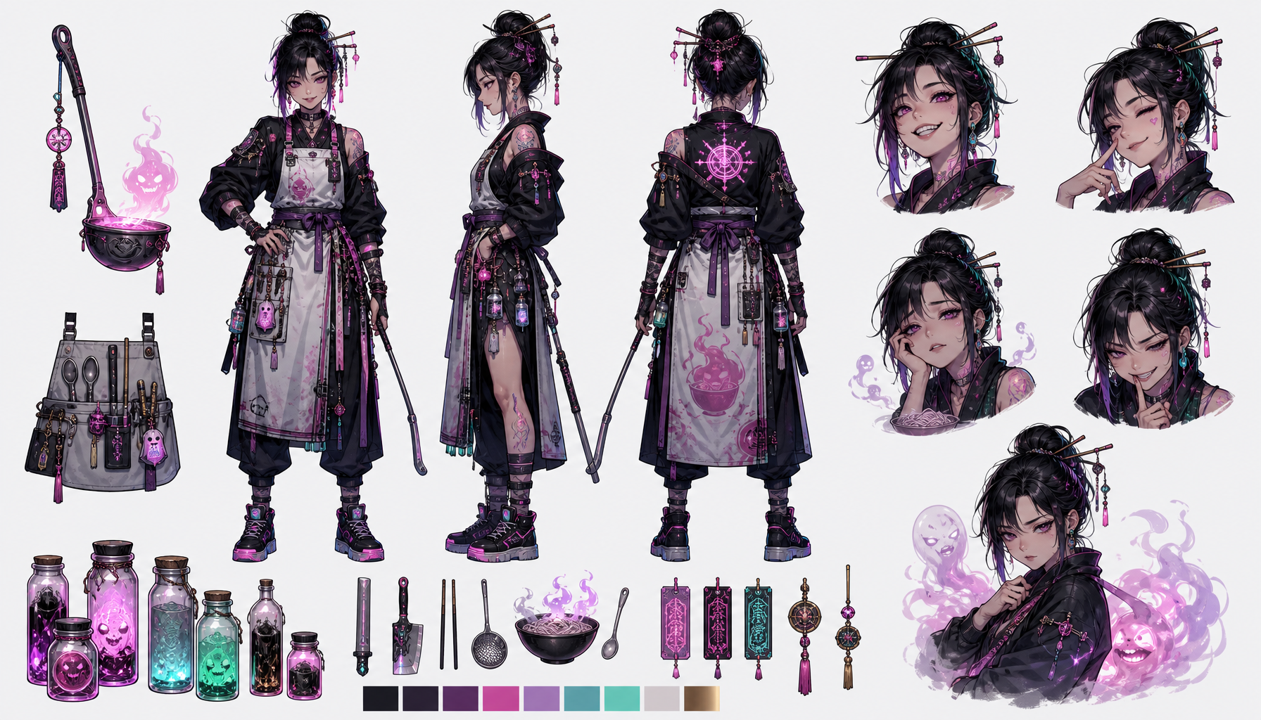 Character Design Sheet — sample, cyberpunk kitchen witch