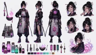 Character Design Sheet — exemple, sorcière de cuisine cyberpunk