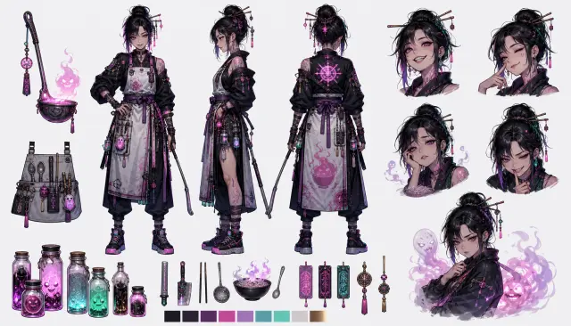 Character Design Sheet — 范例:赛博庞克厨房女巫