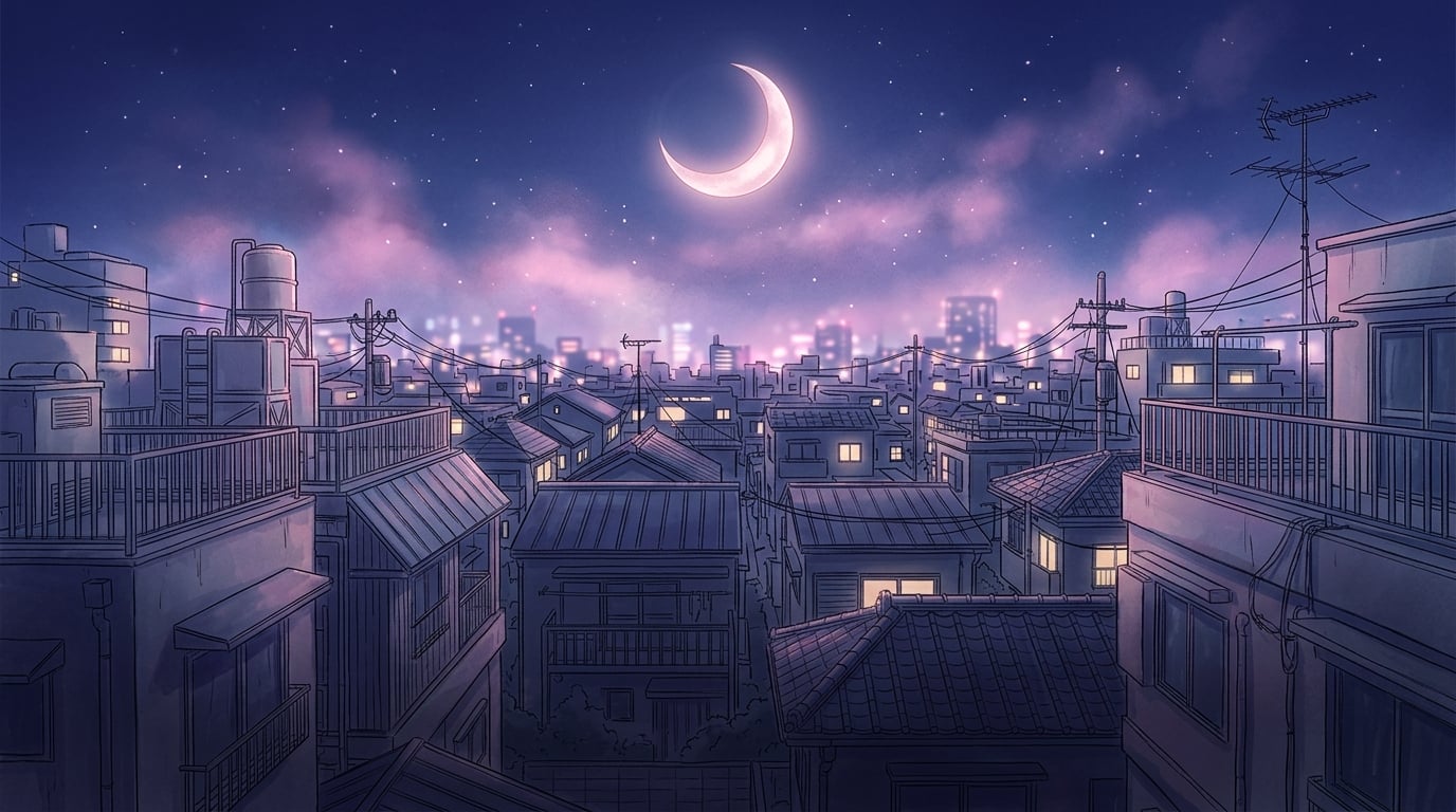 Title background — moonlit Juuban rooftops