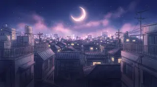 Title background — moonlit Juuban rooftops