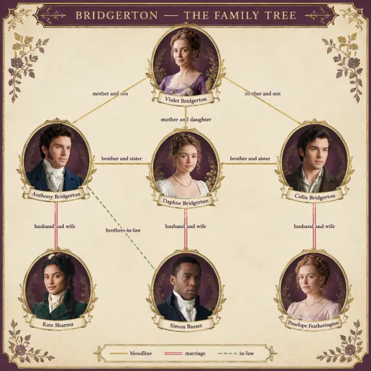 Árvore genealógica de Bridgerton — as redes Bridgerton, Featherington, Sharma e Hastings
