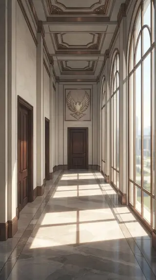 Image de référence — couloir de l’aile ouest de l’université White Crow (image source)