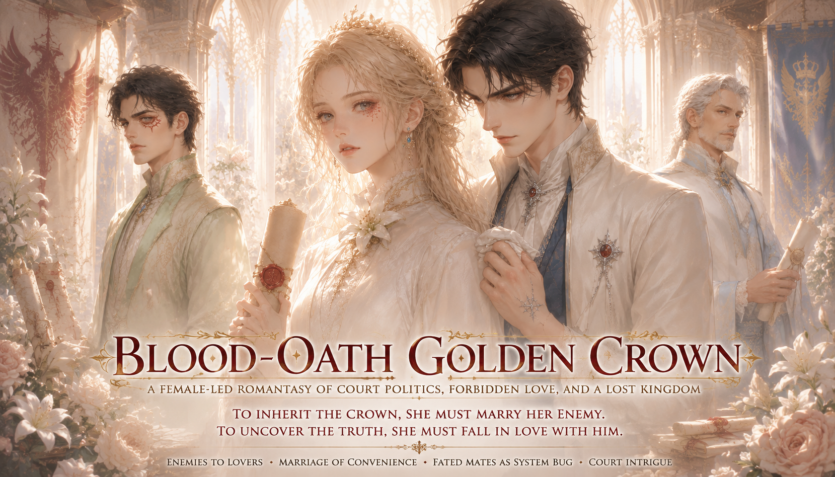 Blood Oath: Golden Crown — pôster promocional V2 no AO3 com protagonista feminina