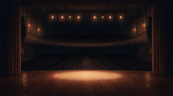 AI otome game scene — Goshu Concert Hall stage from a performer's view, April Lie: First Duet