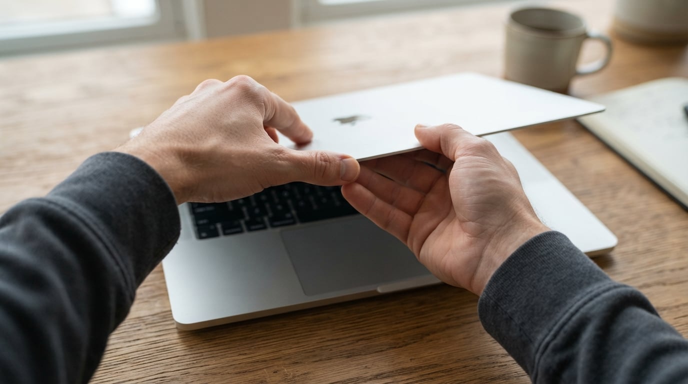 Seed-Referenz — The Approach: Hände aus der Ich-Perspektive öffnen den Laptop