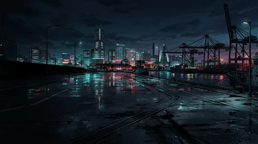 Bungo Stray Dogs: Yokohama — night harbor skyline in teal and crimson noir