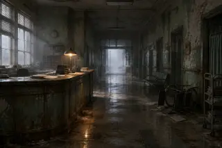 Brookhaven Hospital — reception after the shift, brass desk lamp and fog in the doorway (GPT Image 2)