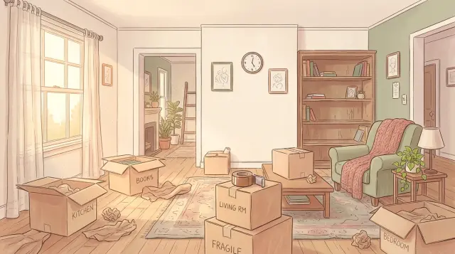 타이틀 배경 — 이사 중인 거실