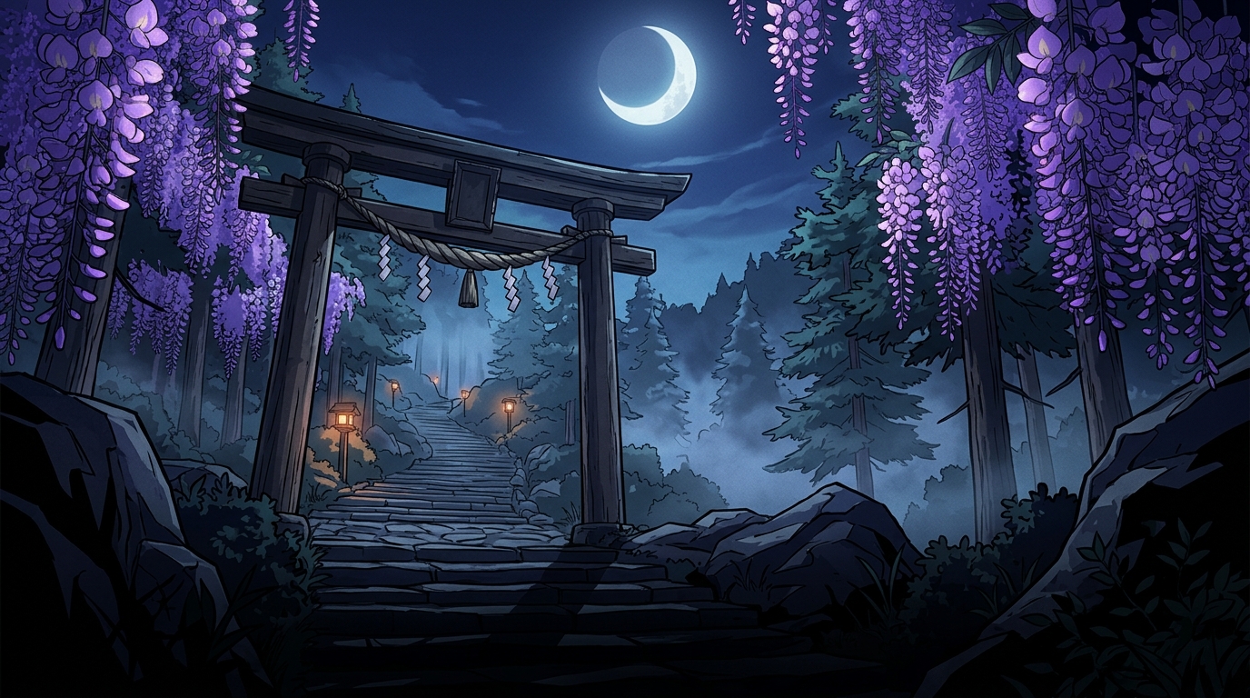 Title background — wisteria gate at night