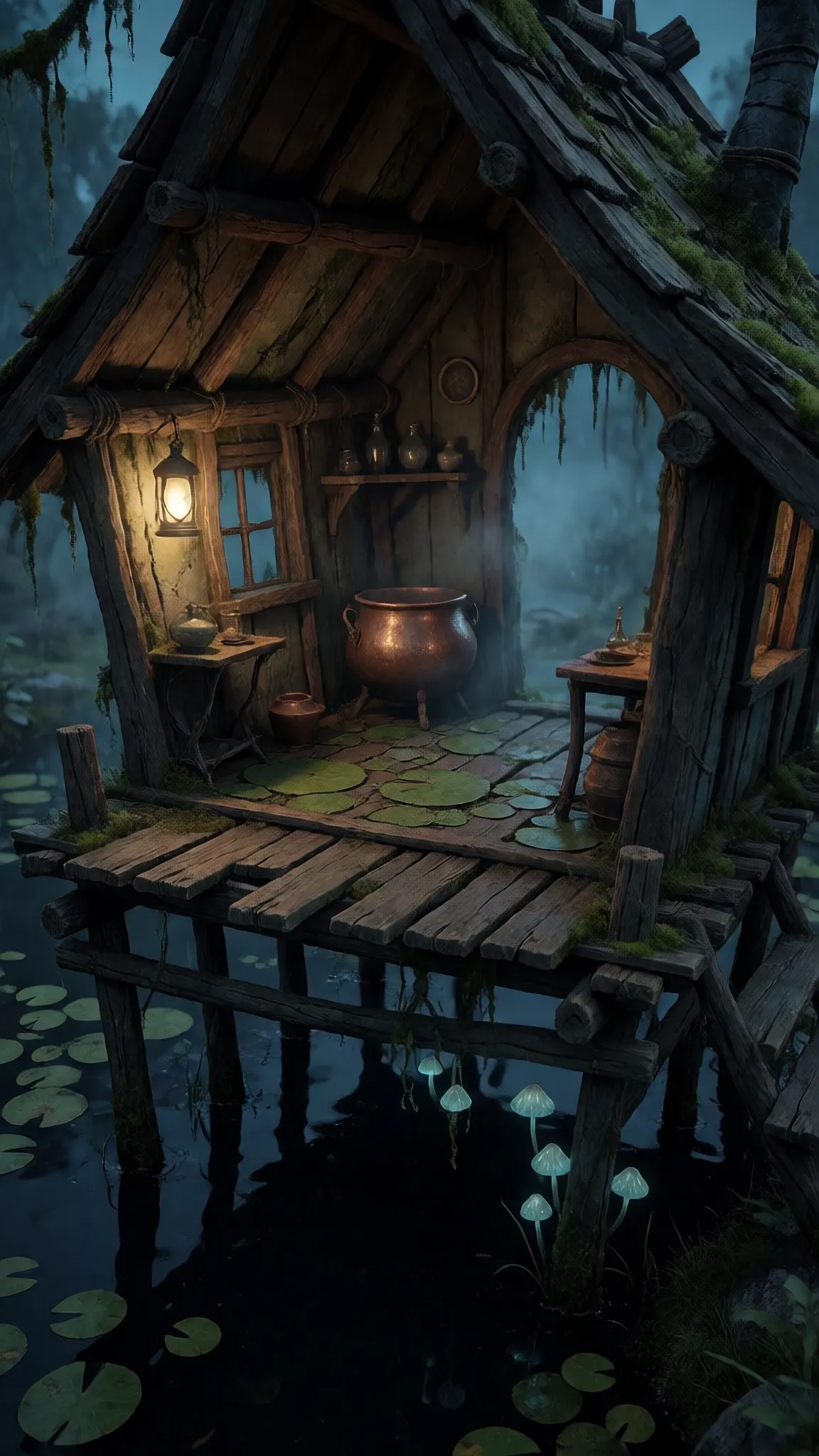 Bramblehollow-Pfahlhütte zur blauen Stunde – Szenenreferenz