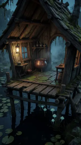 Bramblehollow-Pfahlhütte zur blauen Stunde – Szenenreferenz