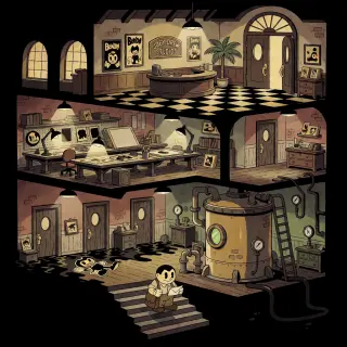 Bendy and the Ink Machine — Joey Drew Studios 세계관 키 비주얼 (Krea 2)