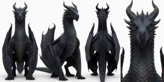 Reference — four-pose creature sheet of the black dragon