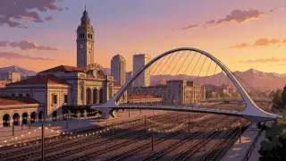 Denver Union Station at dusk — stage background
