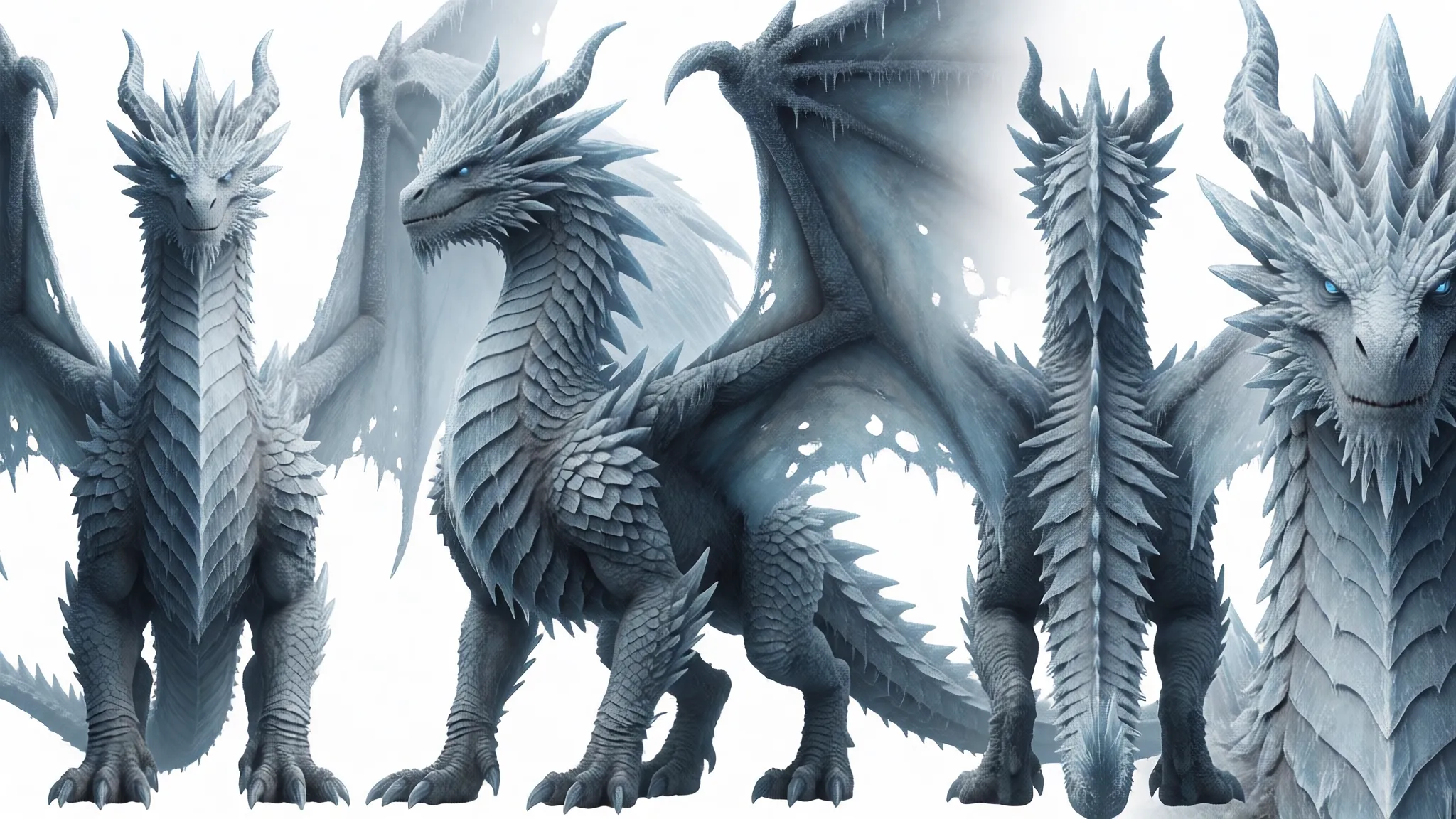 Referenzblatt — der Frostdrache, drei Ansichten plus Gesichtsnahaufnahme