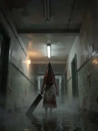Pyramid Head — The Executioner key visual in a fog-filled hospital corridor (Krea 2)