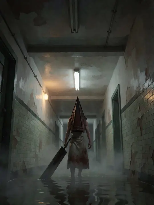 Pyramid Head — The Executioner key visual in a fog-filled hospital corridor (Krea 2)