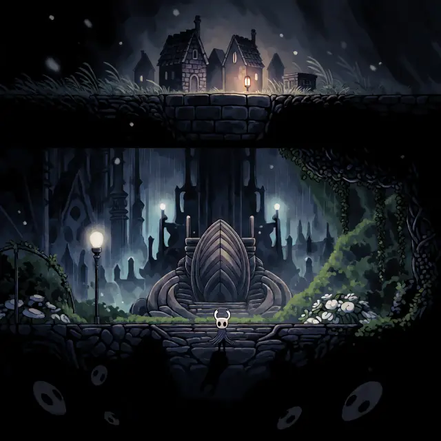 Hollow Knight — Hallownest Welt-Key-Visual (Krea 2)