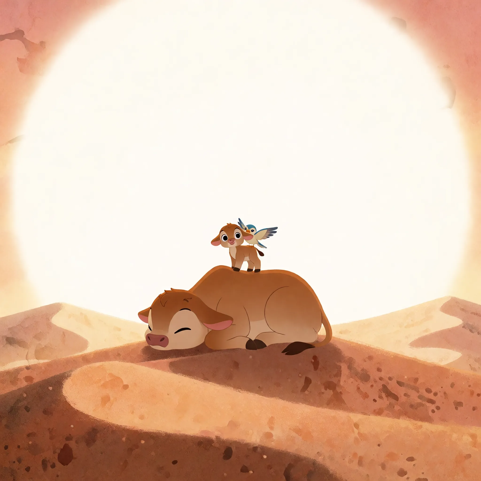 Niu Lai world key visual by Krea 2 — the calf, the lark and the cow-shaped dune under a pale sun