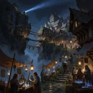 Duskhollow, the Tithe-Line Market — Key Visual (Krea 2)