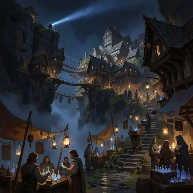 Duskhollow, the Tithe-Line Market — Key Visual (Krea 2)