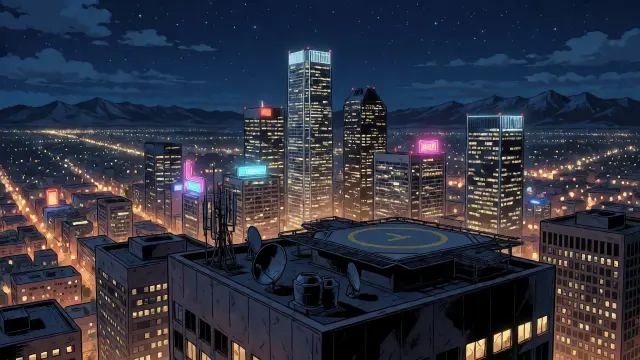 Downtown tower summit at night — stage background