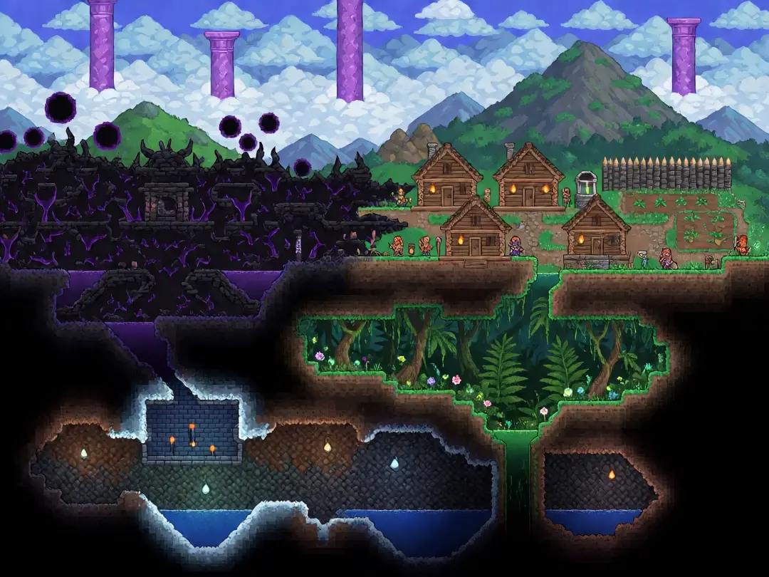 Terraria: The Corruption Below — Visual clave del mundo (Krea 2)