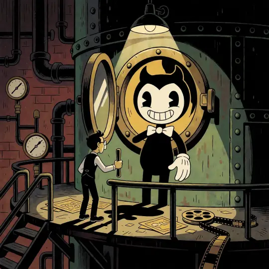 The Machine Is Switched On — Bendy Event-Key-Visual (Krea 2)