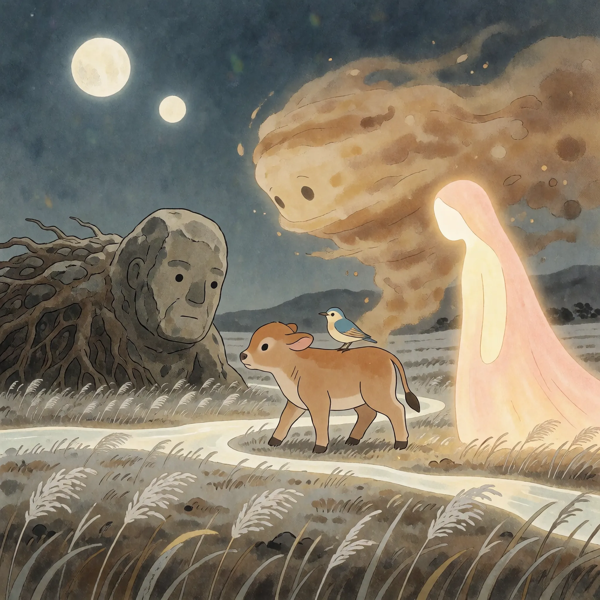 Niu Lai Dream Plain key visual by Krea 2 — the calf, the lark and the three forces by the pale stream
