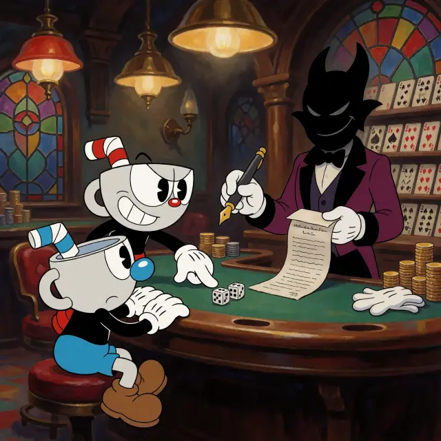 테이블에서의 밤 — Cuphead & Mugman 키 비주얼 (Krea 2)
